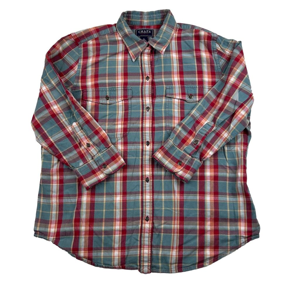 Chaps Denim Button Up Shirt Womens XL Plaid Metal Buttons Rustic Long Sleeve